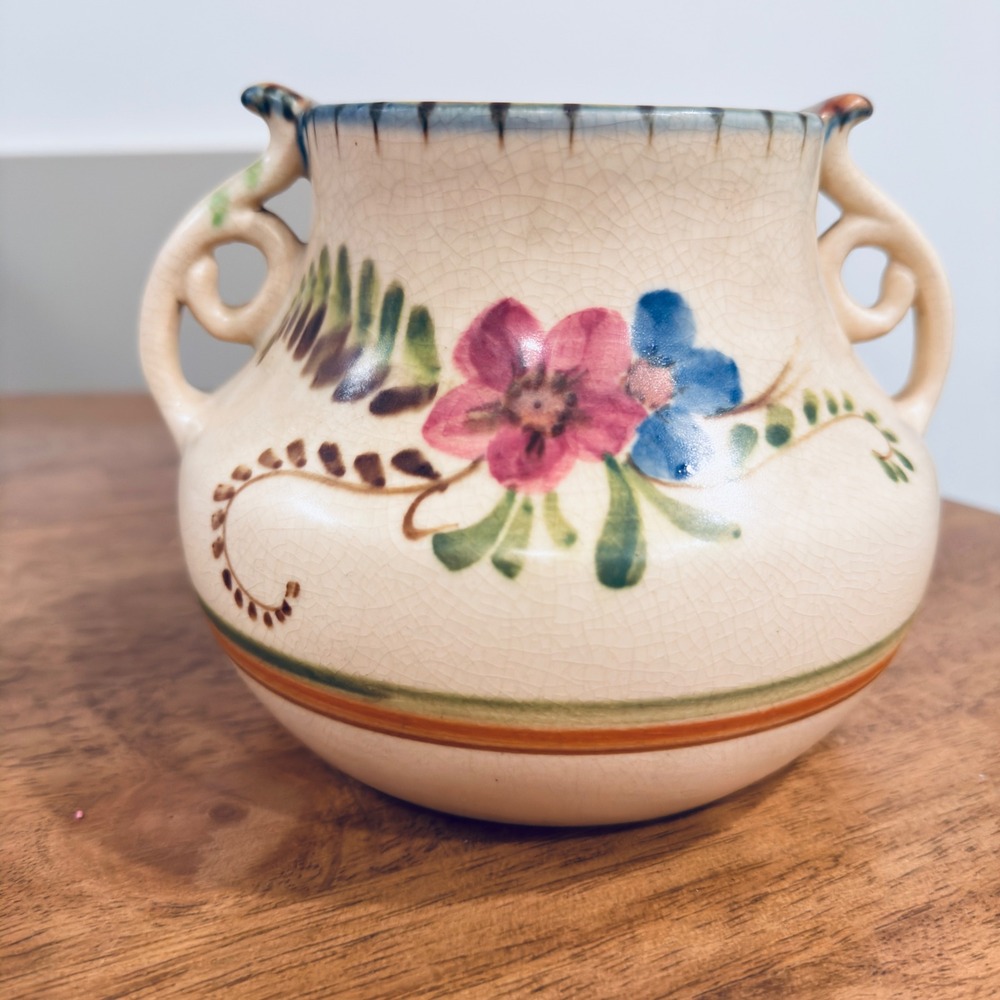 Antique Weller Bonito Hand Painted Art Pottery Pillow Vase Two Handle Urn